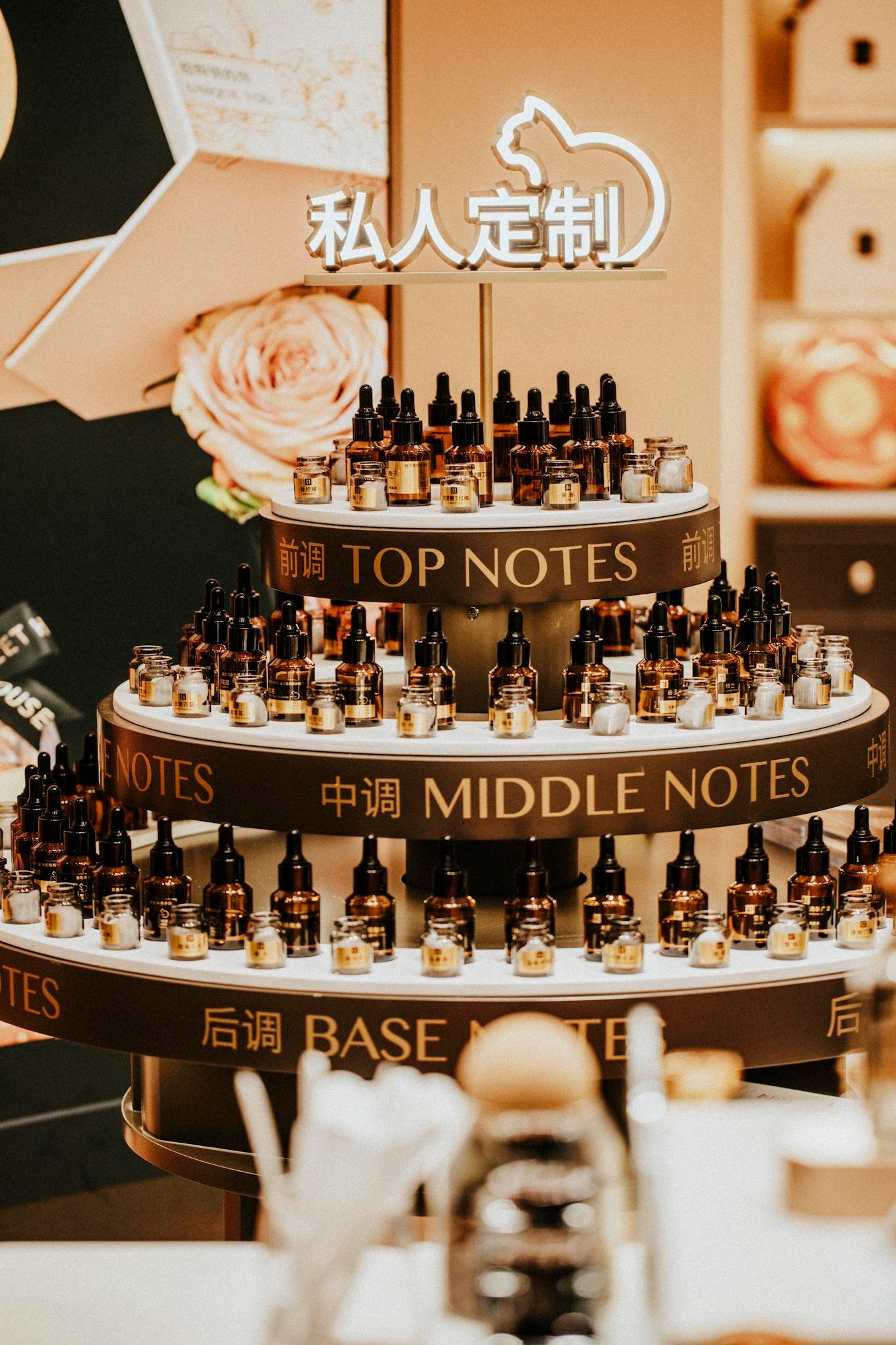 Luxurious perfume display with top, middle, and base notes bottles indoors.
